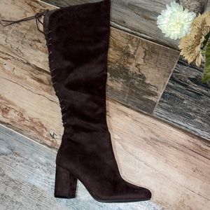 Over knee brown lace up boots with chunky heal. Size 8